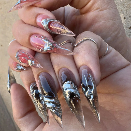 24pcs Long Stiletto False Nails Smudge Silver Design Full Cover Nail Tips Black Almond Wearable Press on Nails Sets Fake Nail