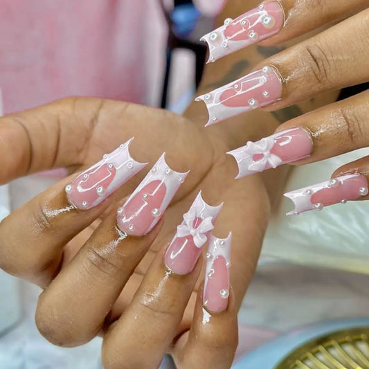 24pcs White French Square Tips Press on Nails Sets Finished Long Ballet Fake Nail Bow Pearl Design Stick on Wearable False Nail