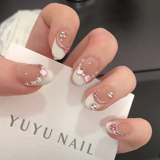 10Pcs White French Pink Heart Diamond Manicure Art Gentle Sweet Short Oval Artificial Wearing Nails Patch Full Cover Press Ons
