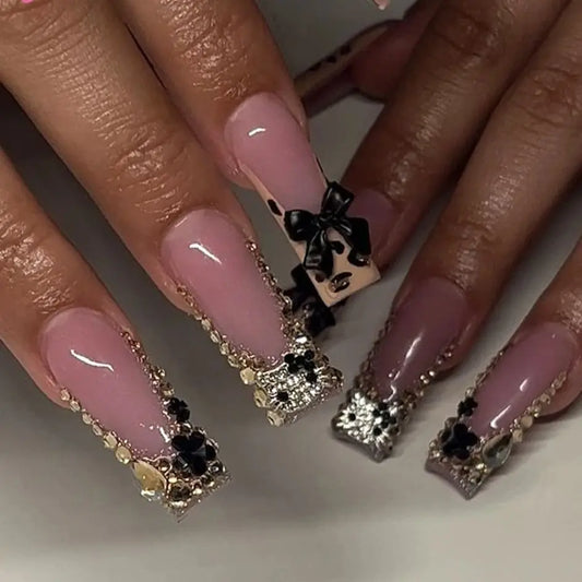 24Pcs Long Water Tube Shaped Nail Pieces Leopard French Nail Art Patch Black Bow False Nail Alloy Hellokitty Wear Nail