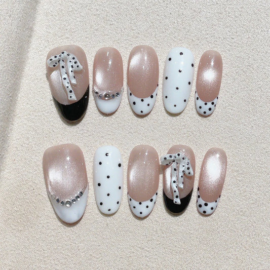 10pcs Medium Oval Handmade Press On Nails Kit, Nude & White Fake Nails, Gentle Elegant Wearable Nail Art, Bow