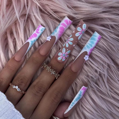 24Pcs Long Square Head Press on False Nails French Colorful 3D Flower Butterfly Design Fake Nail Reusable Full Cover Nails Tips