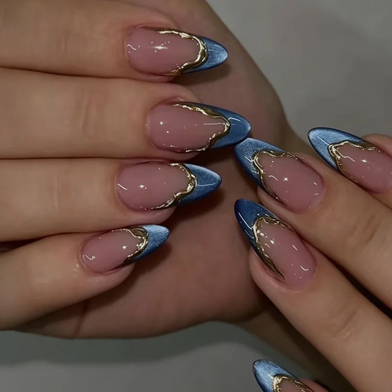 24Pcs False Nails Gold-Plated French Manicure Blue Cat-Eye and Nude-Colored Press-On Nails—Perfect As A Gift for Girl and Friend