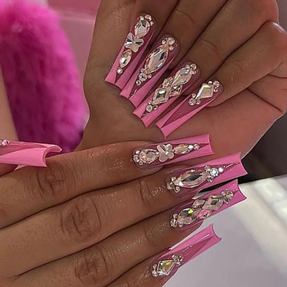 24Pcs Long Square Head French Fake Nail Tips 3D Love Heart Design Press on Nails with Rhinestone Pattern Wearable False Nail Art