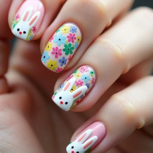 24pcs Short Coffin/Round Press on Nails Cute Bunny Flower Print Fake Nails for Women Girls Wearable Easter Eggshell False Nails