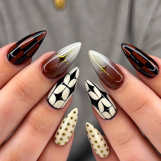24pcs Ins Almond Press on Nails Gradient Brown Fake Nail Tips for Girl Wearable Reusable Spicy Girls False Nails Patches
