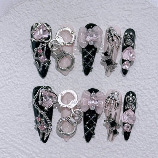 10Pcs Long Y2K Almond Handmade Press on Nails with Glue Sweet Cool Nail Art Metal Diamond Full Cover Wearable Nail Manicure Tips