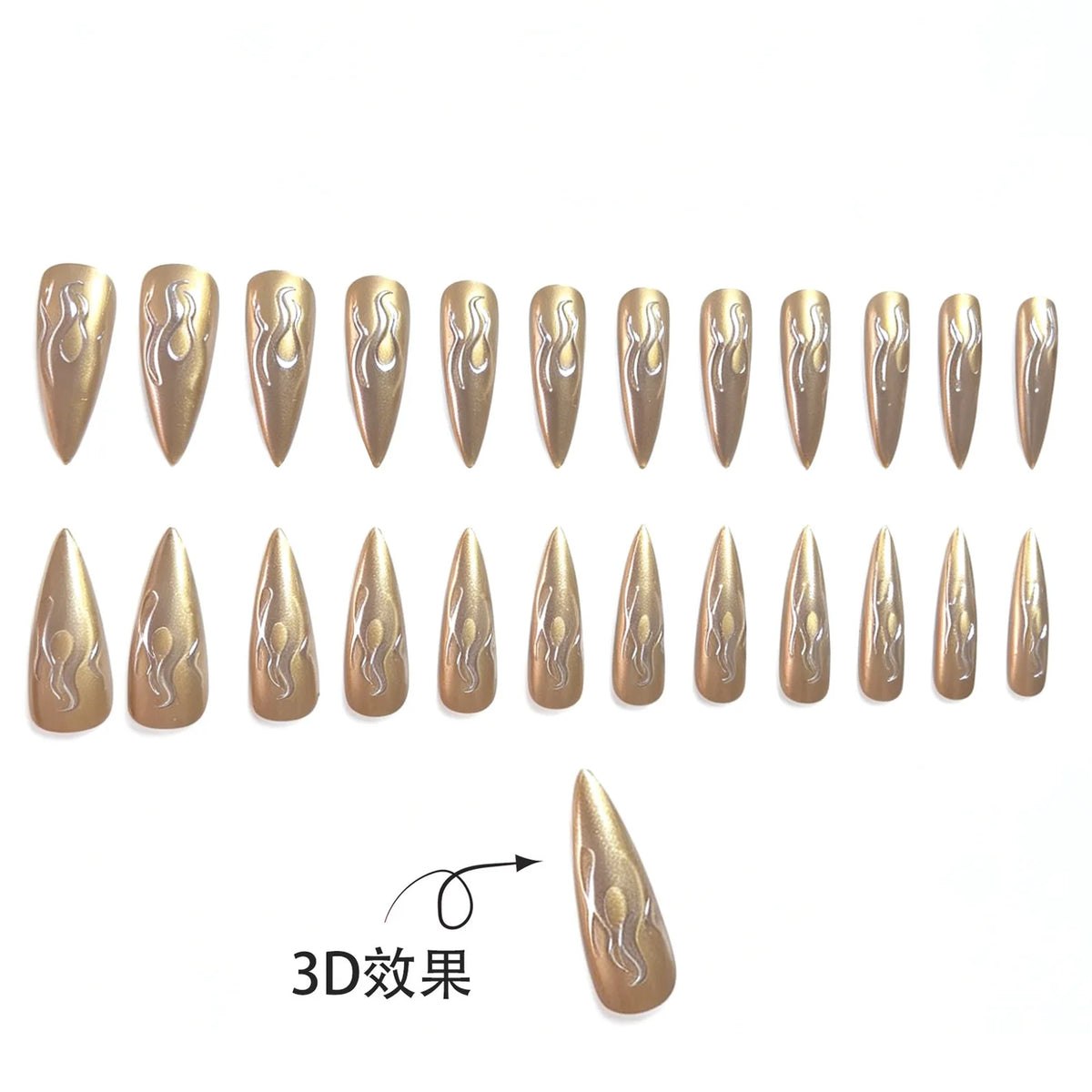 24PCS 3D Chrome Silver Gold Flame Stiletto Press On Nails Metallic Mirror Effect Reusable Fake Nail Art Punk Style False Nails
