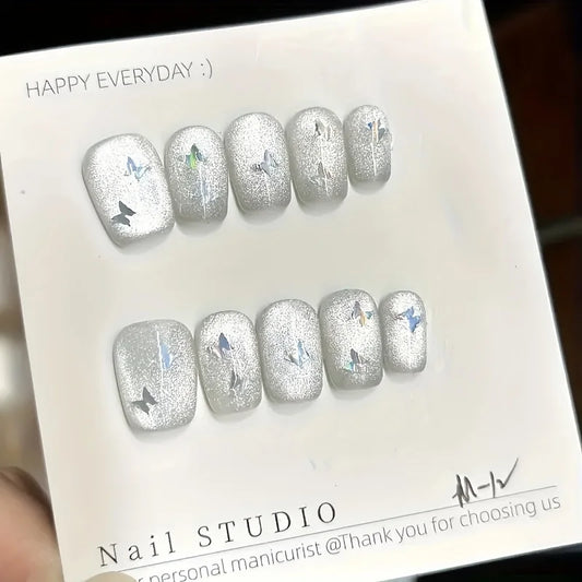 10pcs high-end Silver cat-eye butterfly handmade fake nails, Short cat eye effect nail decoration patch for girls