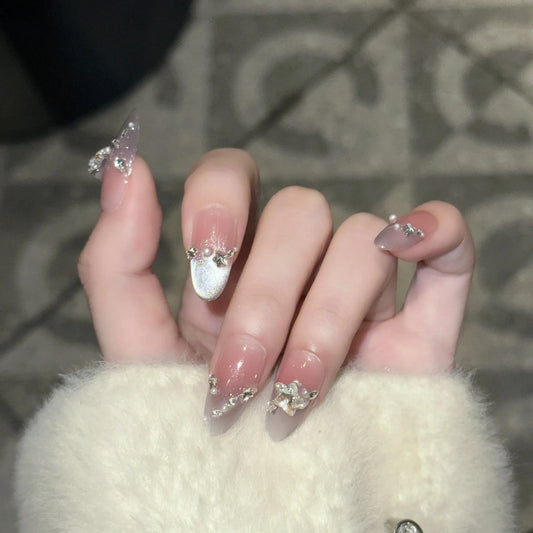 10Pcs Cat's Eye French Almond Nail Naked Blush Press on Nails with Rhinestone Star Pearl Decoration Sparkling Wearable Nail Tool