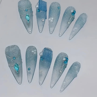 10pcs high-end Light luxury temperament shows white broken diamond handmade fake nails, Deep sea tears ice flash cat eye Deep se