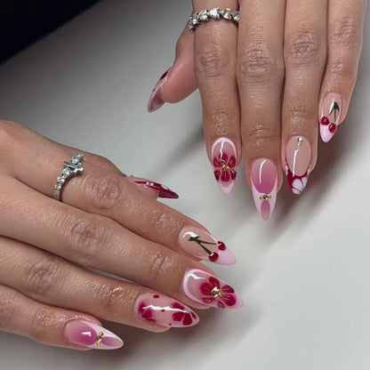 Wine Red French Wearable Nail Art Flowers Petal Halo Dyeing Almond False Nails Detachable Finished Fake Nails Press on Nails