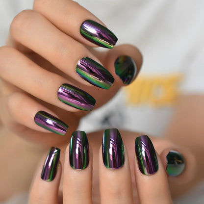 Short Midi Coffin Nails Chrome Mirror Fake Nails Set Metallic Press On Nails Medium Length Bead Luster Shiny Rainbow Nail Tips