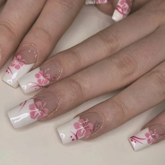 24Pcs Purple Edge French Press on Nails with White Flower Fake Nails Mid-length Square Head Reusable Full Cover False Nails Tips