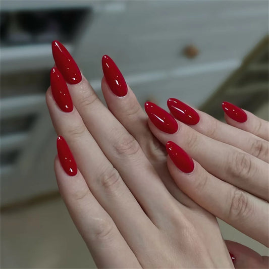 Red Black Gradient Press on Nails Medium Length Coffin Fake Nails with Sticky Tabs Ballerina False Nails Tips for Women 24Pcs