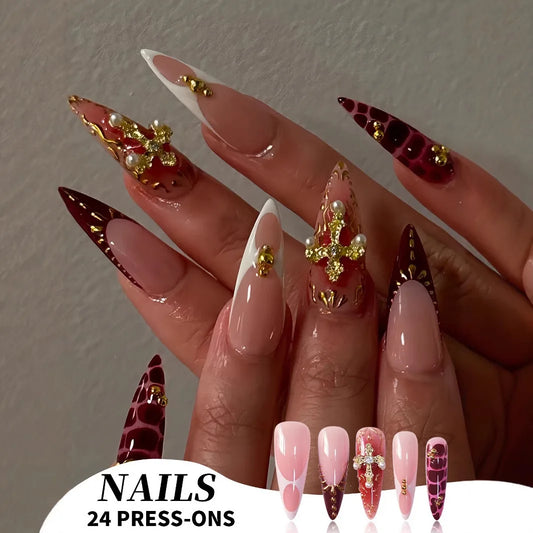 24pcs Long Almond Press on Nails False Nails with Golden Decoration Wearable Stick-on Nails Fake Nail Uñas Накладные Ногти 네일팁