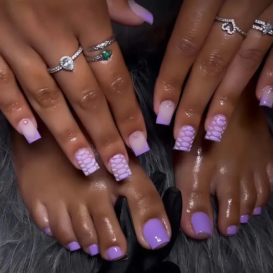 48PCS Purple Press Style Short Square Press Style Nail Art Full Coverage Toe Nail Acrylic Women'S Nail Art