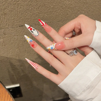 Handmade Clown Designs False Nals White French Long Stiletto Press On Nails Glossy Pink Wearable Fake Nail Patches For Party