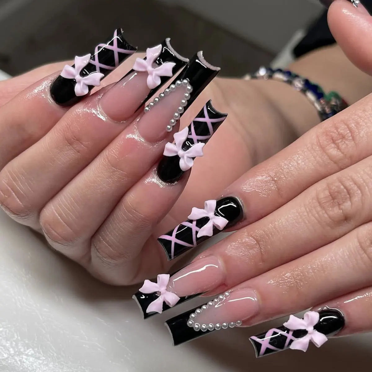 24Pcs Pink Long Ballet Coffin False Nails Butterfly Flower with French Design Wearable Fake Nails Glitter Press on Nail Tips Art