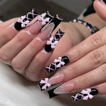 24Pcs Pink Long Ballet Coffin False Nails Butterfly Flower with French Design Wearable Fake Nails Glitter Press on Nail Tips Art