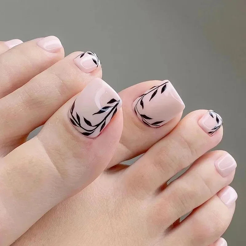 Simple White French Artificial Toenails Shiny Rhinestones Toe False Nails with Glue Wearable Short Flat Shape Fake Toenails
