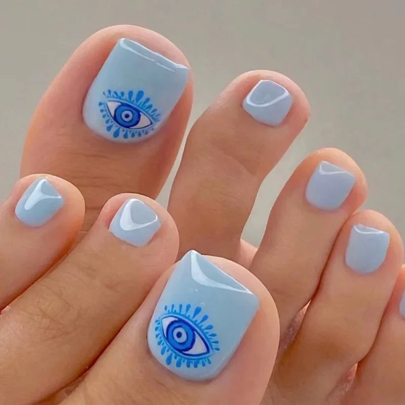 Simple White French Artificial Toenails Shiny Rhinestones Toe False Nails with Glue Wearable Short Flat Shape Fake Toenails