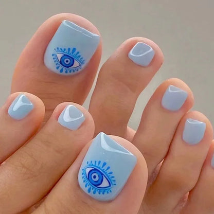 Simple White French Artificial Toenails Shiny Rhinestones Toe False Nails with Glue Wearable Short Flat Shape Fake Toenails