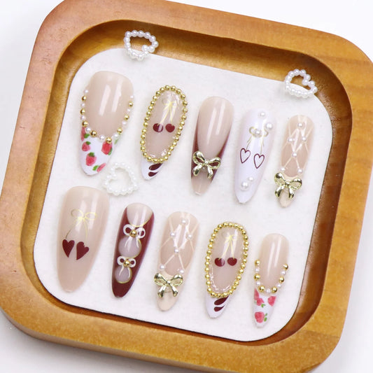 10PCS Pressing Nail, Short Almond, 3d Golden Round Bead Bow Design, Fake Nail, Pressing Pink French Nail Tip, Acrylic Fake Nail