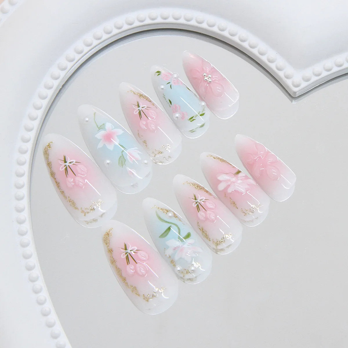 24pcs Cute Cartoon Press On Nails Little Fresh Colorful Oil Painting Style Fake Nails Kawaii Short Almond Fake Nail For Girls