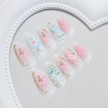 24pcs Cute Cartoon Press On Nails Little Fresh Colorful Oil Painting Style Fake Nails Kawaii Short Almond Fake Nail For Girls