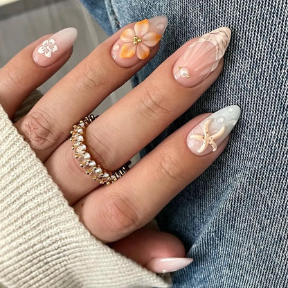 24PCS Sweet Summer Design False Nails Pastel Blue Pink Almond Fake Nail with 3D Starfish Shell Flower Pearl Beach Press on Nails