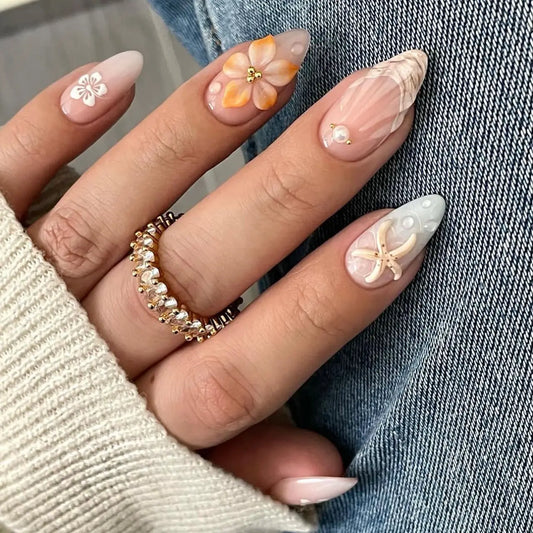 24PCS Sweet Summer Design False Nails Pastel Blue Pink Almond Fake Nail with 3D Starfish Shell Flower Pearl Beach Press on Nails