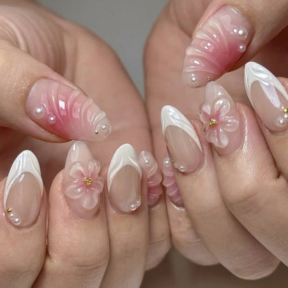 24Pcs French Short Almond Acrylic False Nails Full Cover Flower Pink Sweet Lovely Finished Nail Set Wearable Artificial Manicure