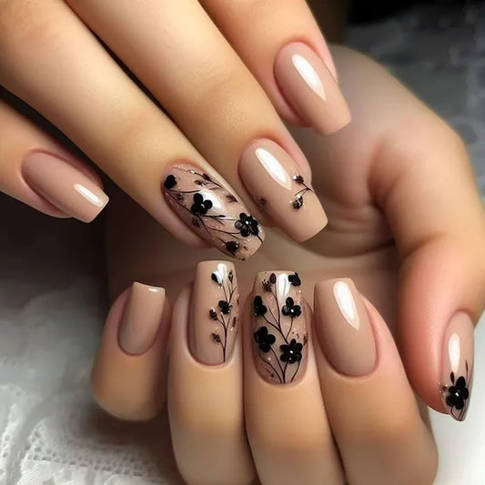 24pcs Flower Pattern Design False Nails Sets Simple Brown Short Ballet Press on Nails Tips Finished Reusable Coffin Fake Nail