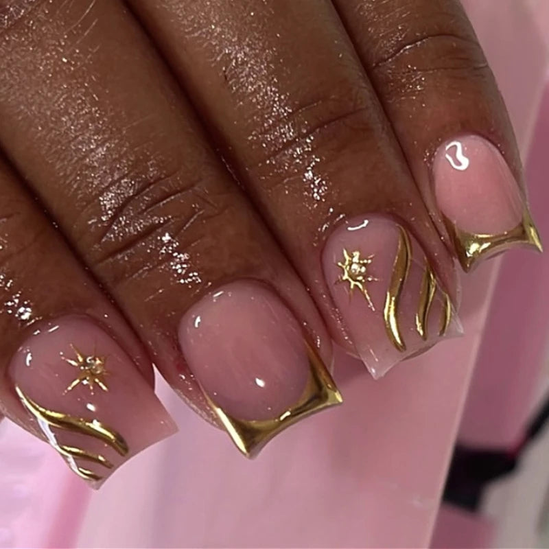 Shiny Rhinestone Stars Golden 3D Line French Nail Art Fashion Wearable Fake Nails Detachable Finished False Nails Press on Nails