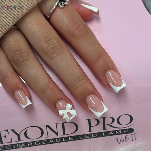 White French Press on Nails 3D Bowknot Designs Nude Color Fake Nails Wearable False Nails Tips for Women DIY Manicure 24Pcs