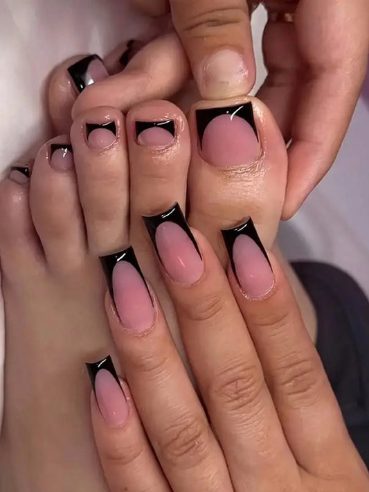 48pcs French black border hand and foot armour Glossy fake toenails fully covered with nude spring break toenails for women's na