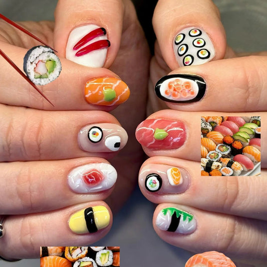 24pcs Summer Short Oval Fake Nails Cute Cartoon Sushi Pattern Press On Nails Japenese Style Charming Detachable False Nail Tips