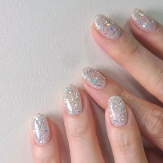 24Pcs Shiny Powder Sequin with Design False Nails Short Round Head Press on Fake Nails Full Cover Simple Reusable Manicure Tips