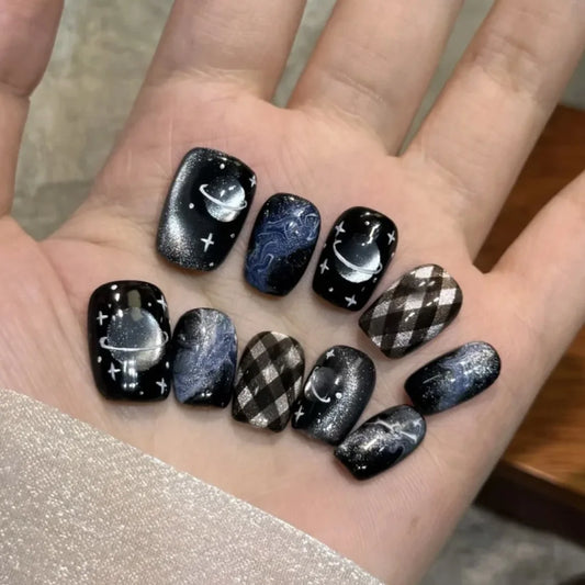 24pcs Colorful Smudge Cat's Eye Full Cover Nail Sweet Star Design Short Oval False Nails Almond Fake Nail Acrylic Press on Nails