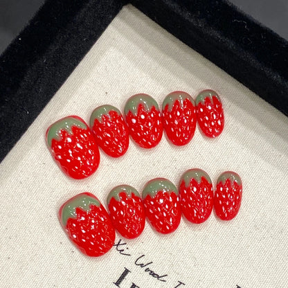 10pcs Cute Short Round Fake Nails Handmade Red Strawberry Designs Cat's Eye Press On Nails Full Cover Sweet Detachable False Nai