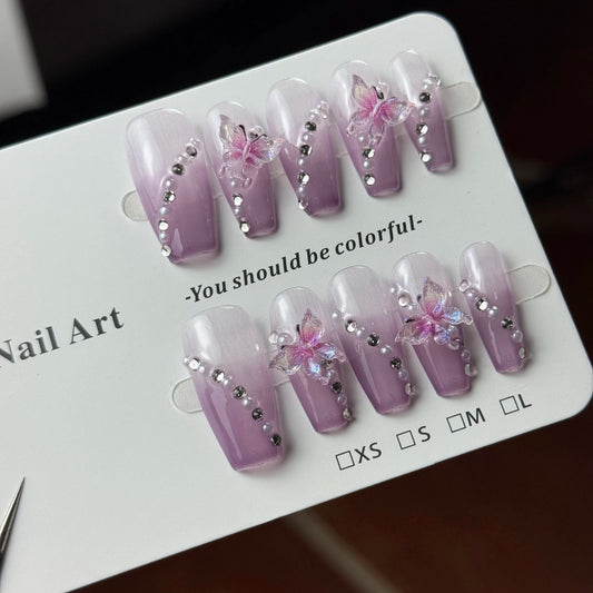 10pcs high-end Pure and elegant, purple three-dimensional butterfly, gradient cat's eyes, and sparkling small diamonds  handmade