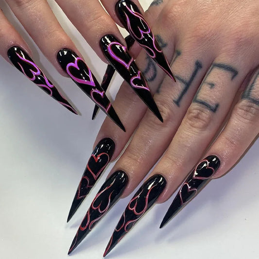 24Pcs Long Stiletto Press on Fake Nails Black Love Heart Design False Nails for Woman Reusable Artificial Full Cover Nails Tips