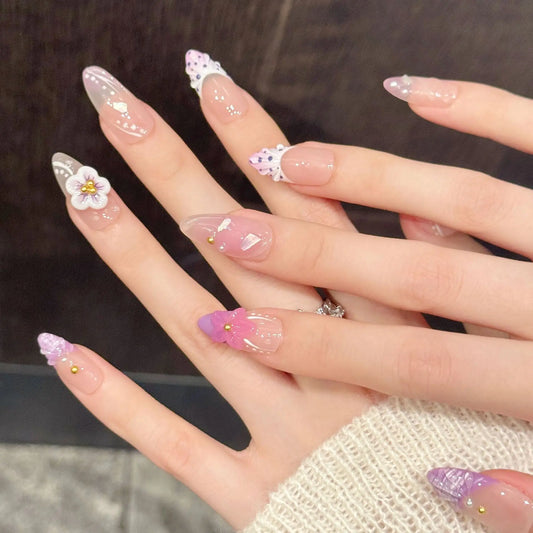10Pcs Handmade Short Almond Press on Nails French Purple Flowers 3D Elegant Nail Stickers Artificial Fake Nails Acrylic Manicure