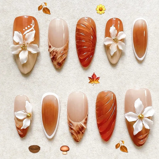 24Pcs Mid-length Almond False Nails Tips Orange Gradient Leopard Print French Nails Set Press on 3D Flower Detachable Fake Nails