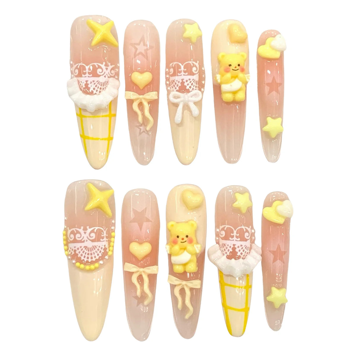 10pcs Handmade Press On Nails Kawaii Yellow Bear Bowknots Star Decor Y2k Fake Nails Blush Almond French Tips Ballet False Nail