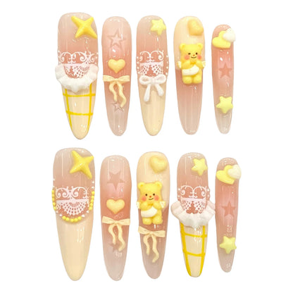 10pcs Handmade Press On Nails Kawaii Yellow Bear Bowknots Star Decor Y2k Fake Nails Blush Almond French Tips Ballet False Nail