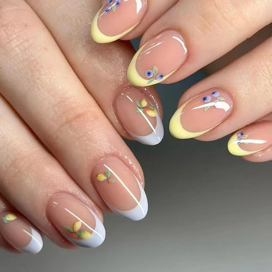 24pcs Polka Dot French Fake Nails Detachable Nude Pink Flower Design Press on Nails Finished White Tips Long Almond False Nail