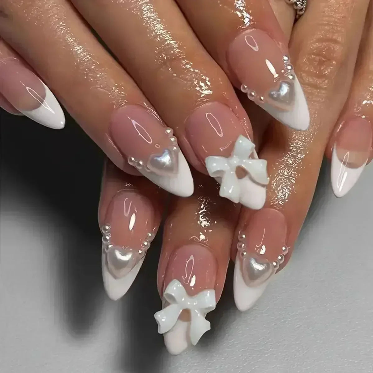 24pcs Press on Nails Short Almond Bowknot Black Press on Nails White Pearl Sweet French Tip Press on Nails Cute Nail Artificial
