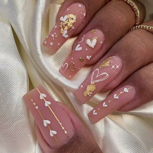 24pcs Long Ballet Press on Nails Art Wearable Pink Coffin False Nails Sets with Love Starlight Design Fake Nail Tips Finished